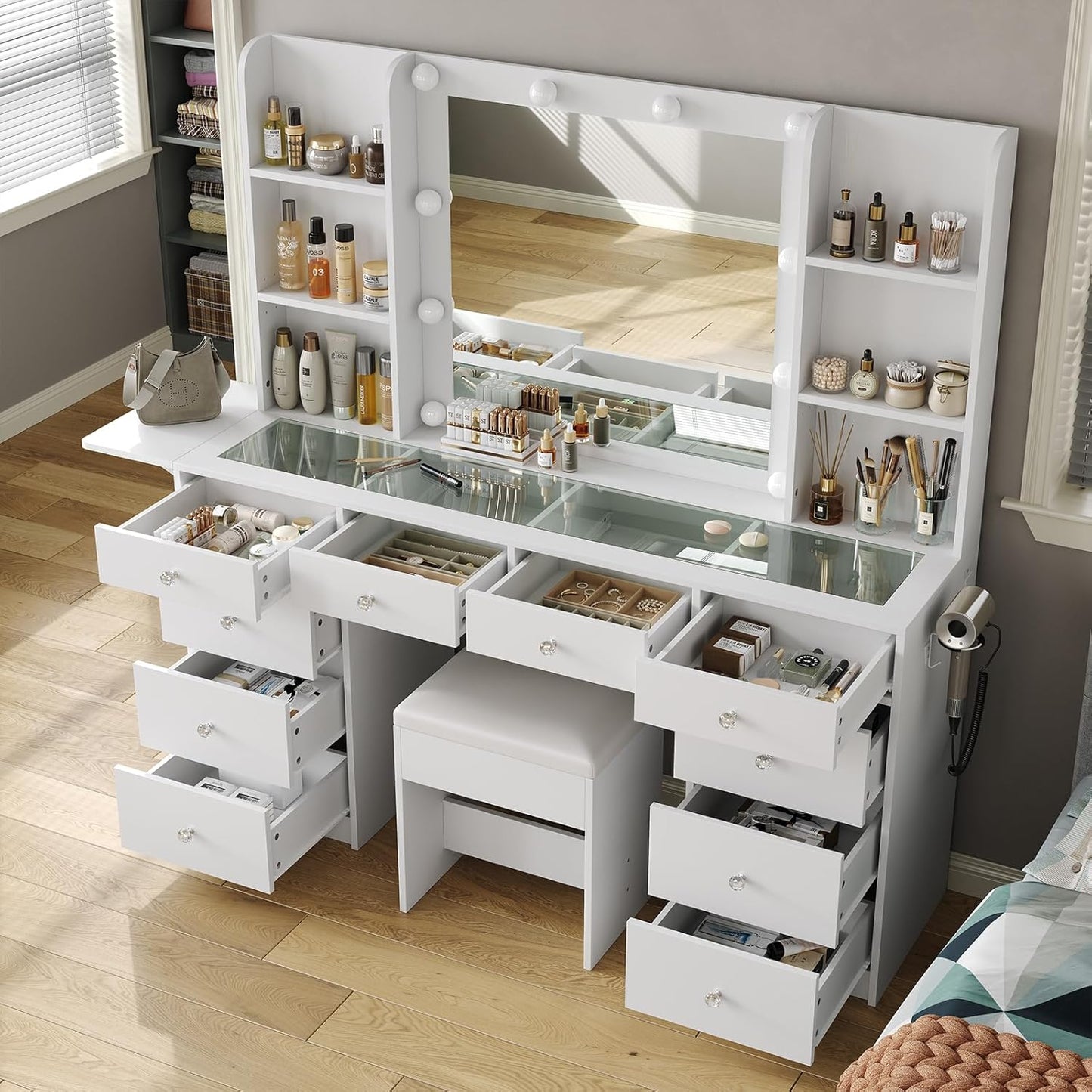 Vanity with Power Outlet, Vanity Desk with Mirror and 10 LED Lights, 10 Drawers Makeup Vanity with 6 Shelves, Fold-up Panel, Dressing Table for Bedroom, White