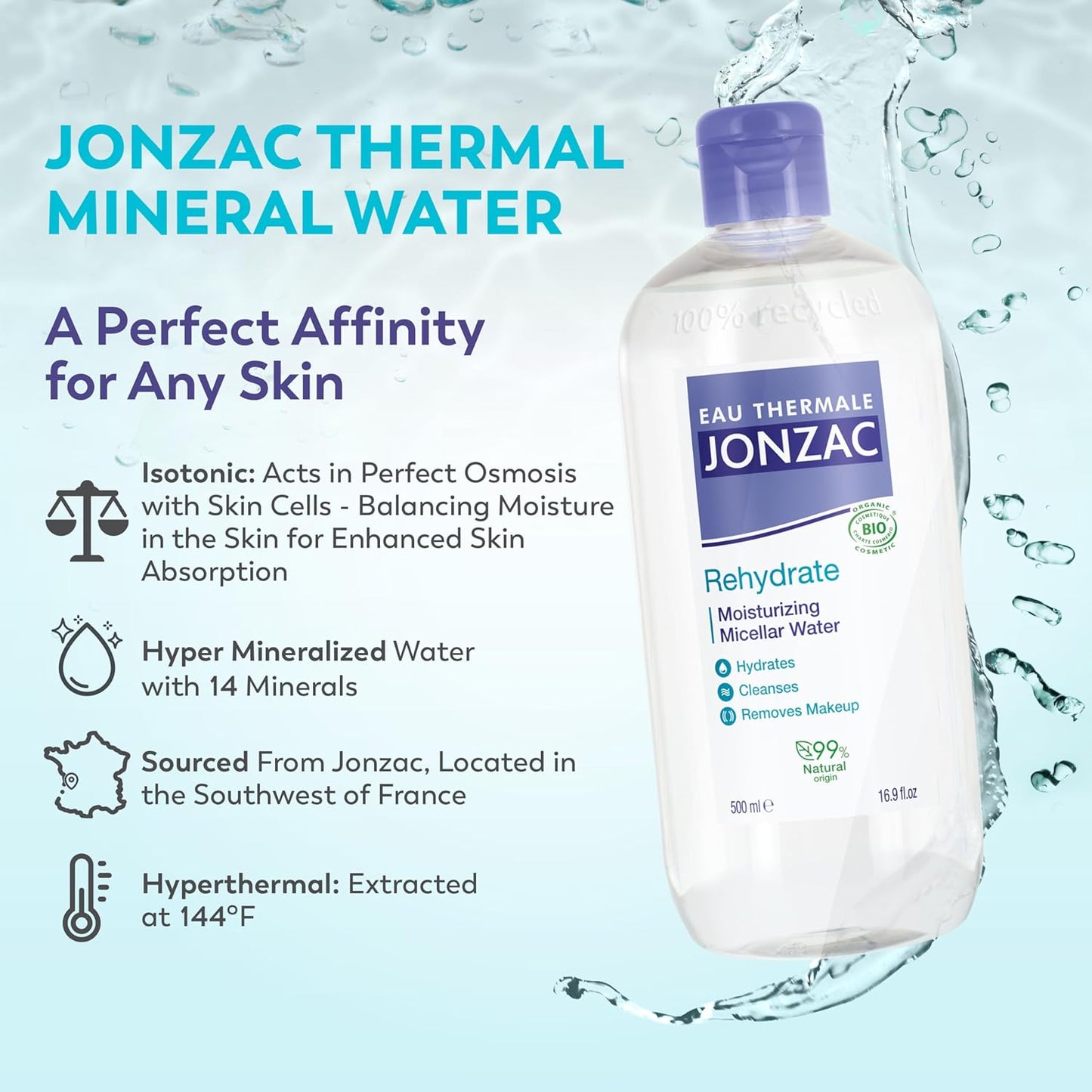 99% Organic Micellar Water - Natural Eye & Face Makeup Remover - Hydrating With Thermal Spring Water - For Sensitive Skin - Non-Toxic - Agua Micelar Orgánica - 16.9 Fl Oz