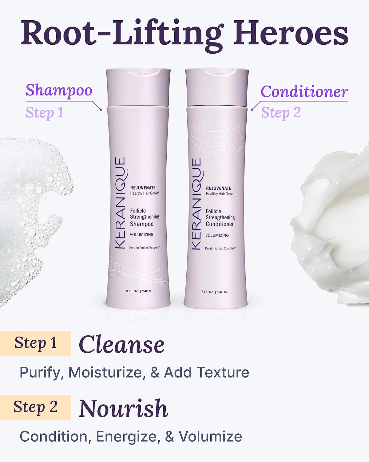 Keranique Volumizing Shampoo and Conditioner Set for Hair Repair and Growth with Biotin and Keratin for Women, Thinning Hair Formula, 8 Fl Oz Each