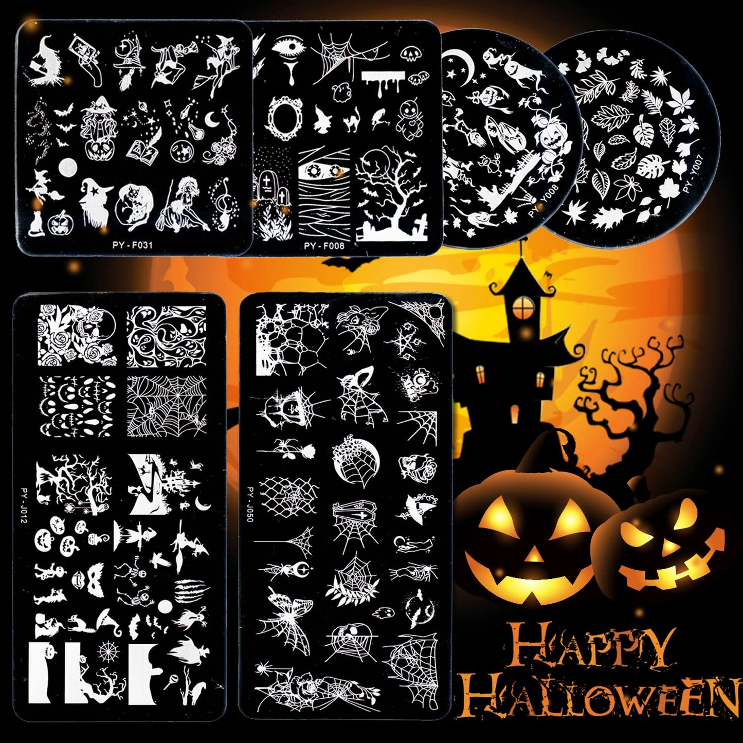 6Pcs Halloween Nail Stamping Plates Fall Maple Leaf Nail Stamper Template Kit Ghost Bat Skull Spider Web Design Nail Decorations Supplies