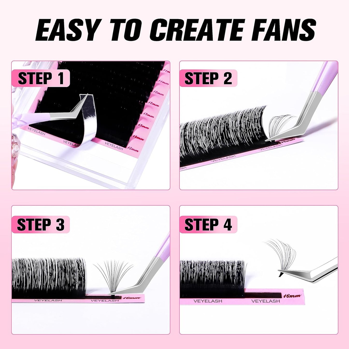 VEYES INC Cashmere Smart Fan Lash Extensions 0.03 0.05 0.07 C/CC/D Curl 8-20mm Mixed & Single Length, Super Matte Black Volume Lashes, Professional Supplies for Lash Techs (0.07 CC 16mm)