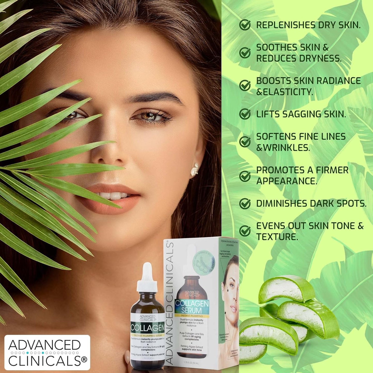 Advanced Clinicals Collagen Facial Serum, 1.75 Fl Oz, Plumps, Lifts, and Hydrates for a Youthful Glow