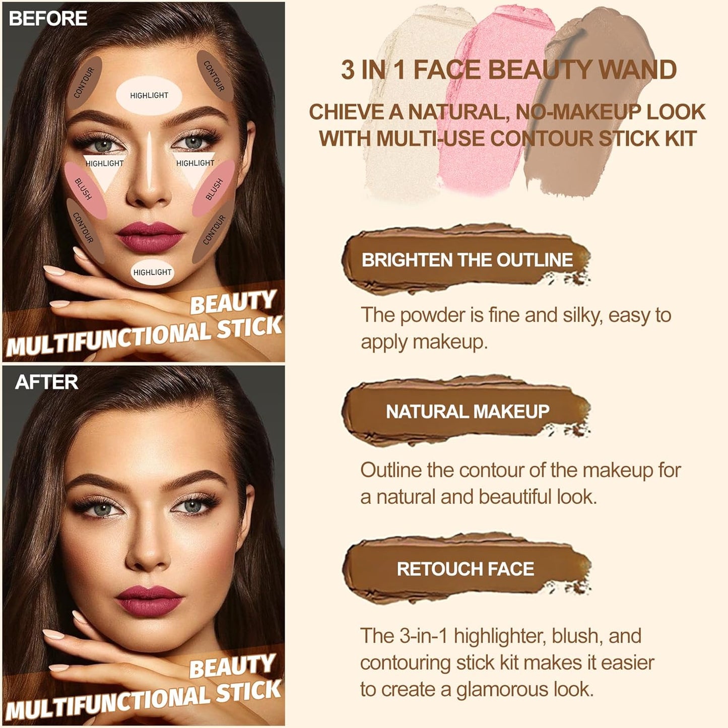 Lezero 3Pcs Contour Stick Makeup Kit, Shades with Highlighter, Blush and Bronzer Stick for Sculpt the Face and All Skin Type, Long Lasting, Smooth, Dewy & Matte Finish, LIGHT
