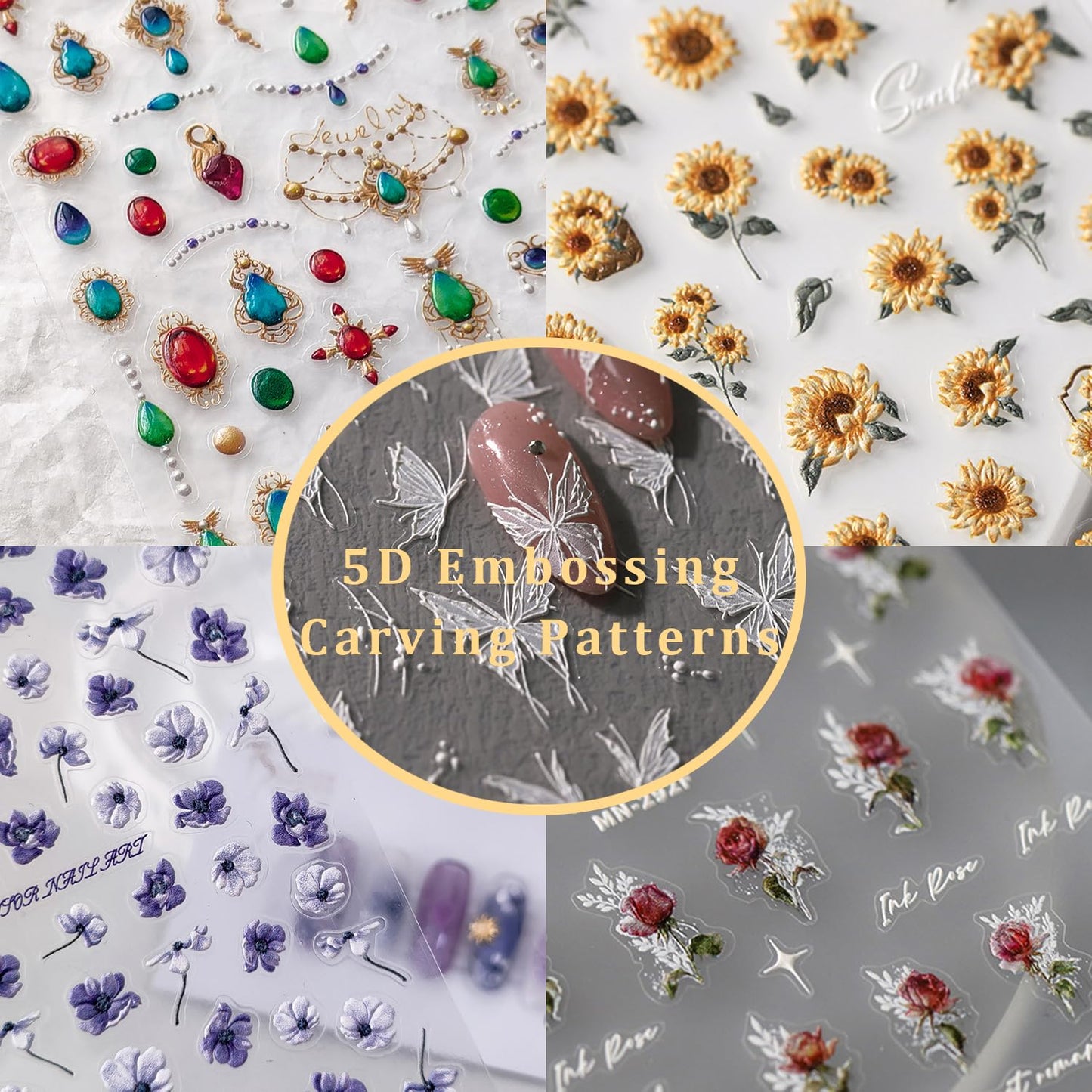 5D Embossed Nails Art Stickers Nail Decals for DIY Nail Art Self-Adhesive Nail Stickers for Nail Art Nail Supplies Accessories for Women Girls Kids (1, Red Rose)
