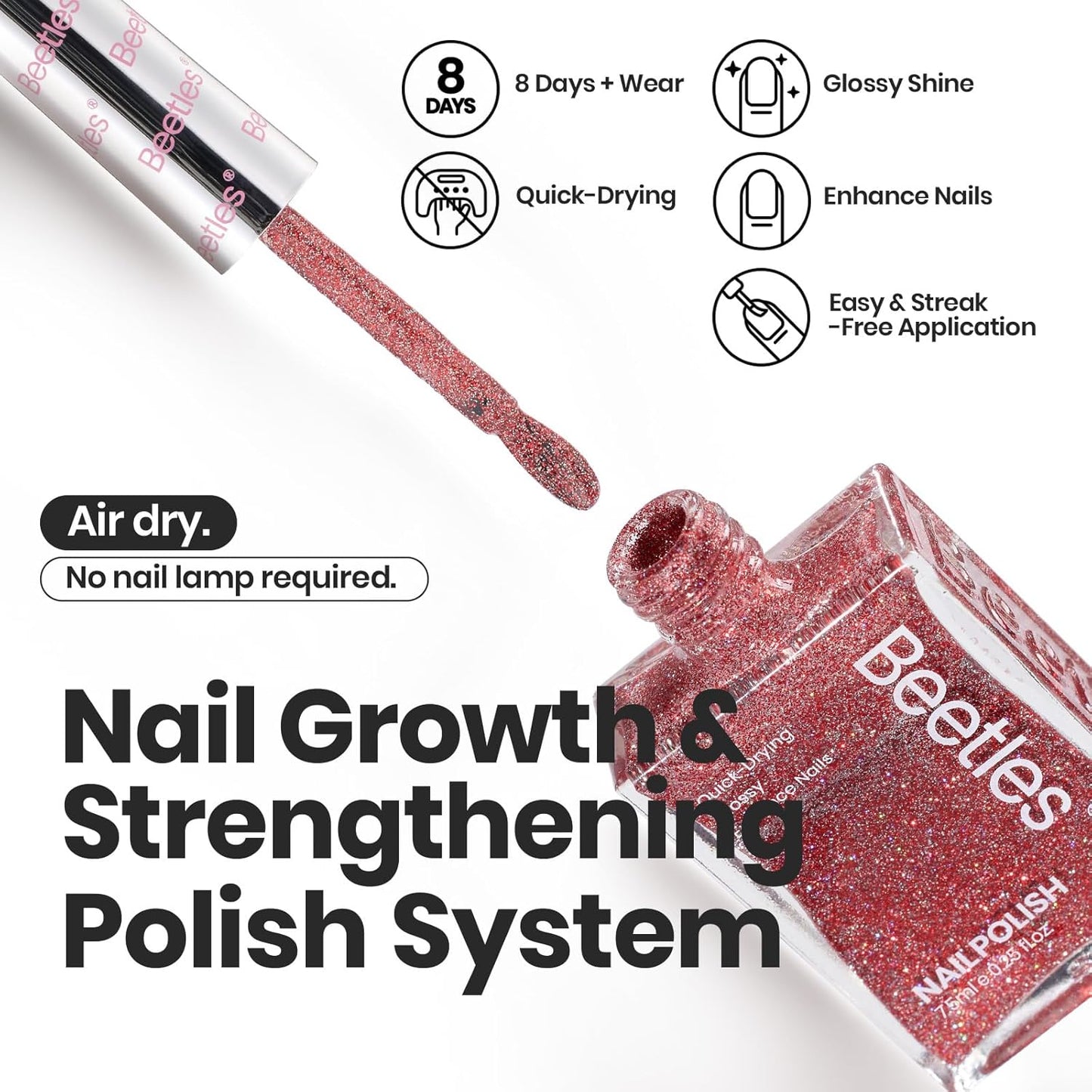 Beetles Glitter Nail Polish Set, 6 Color Silver Pink Gold Red Brown Black Quick Air Dry Nail Polish Natural Elegant Nail Lacquer Manicure DIY Nail Art Salon Gifts For Women