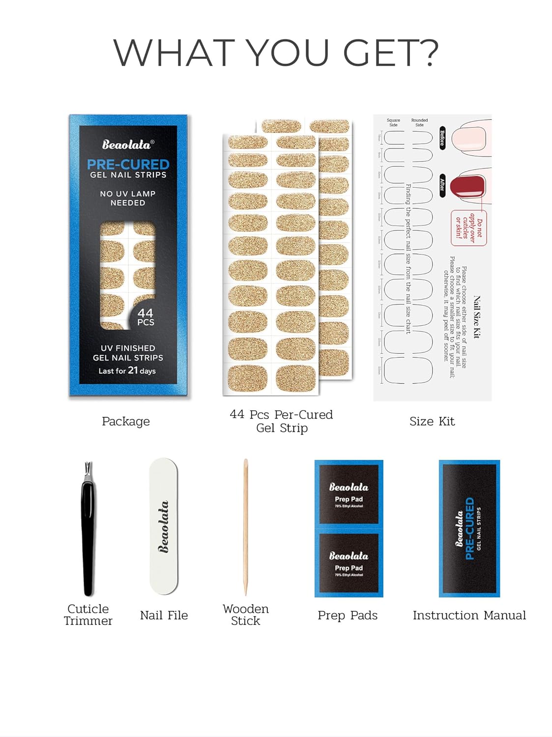 Pre Cured Gel Nail Strips - 44PCS Salon Quality Gel Nail Stickers - Long Lasting Polish Wraps for Women no UV Light Needed Easy Apply& Remove (Gilded Desire Gold)