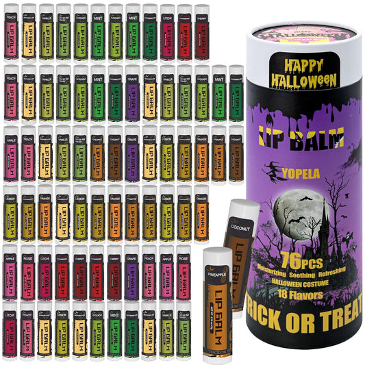 Yopela 76 Packs Halloween Lip Balm,18 Flavors Natural Chap Stick in Bulk, Moisturizing Stocking Dry Lips, Men Women Kids Party Gifts, Lip Care Product with Gift Card