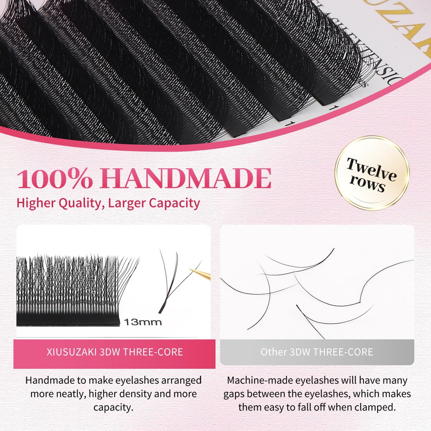 Lash Extensions Three Core Tips 3D Eyelash Extensions W Shape 0.07mm Thickness D Curl 9mm Premade Fans Easy Fan Volume Lashes Matte Black Crisscross(W-3D-Three Core-0.07-D,9mm)