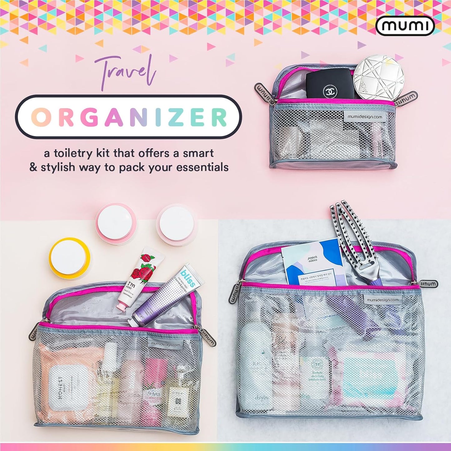 MUMI Travel Toiletry Bag Set of 3 – Clear TSA Approved Toiletry Bags for Women – Reusable Water-Resistant Makeup Organizer Pouches for Skincare, Cosmetics, Travel Accessories, Airport Packing - Orange