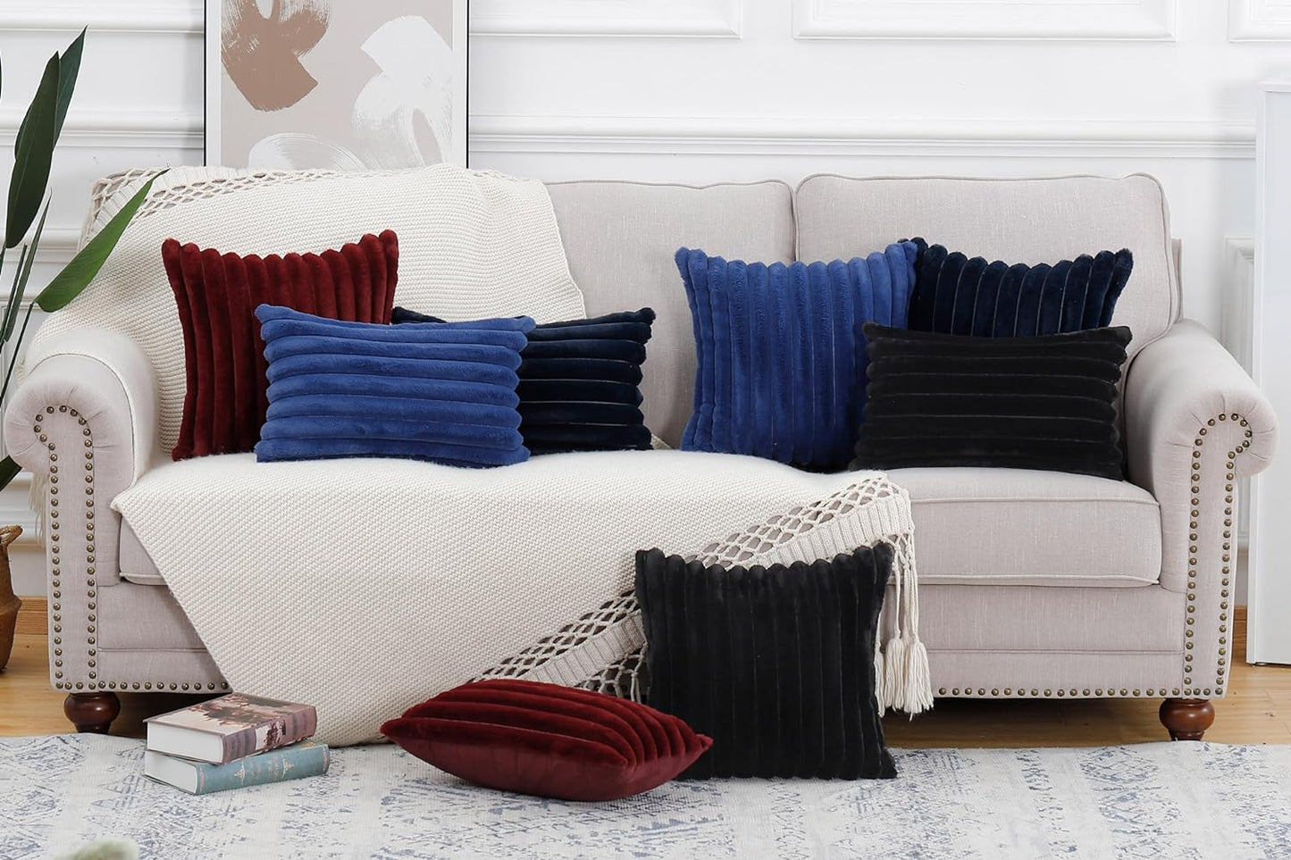 MADIZZ Set of 2 Faux Wool Plush Decorative Throw Pillow Covers 20x20 Inch Burgundy Fluffy Striped Soft Decorative Cushion Cover for Sofa Bedroom Pillow Shell