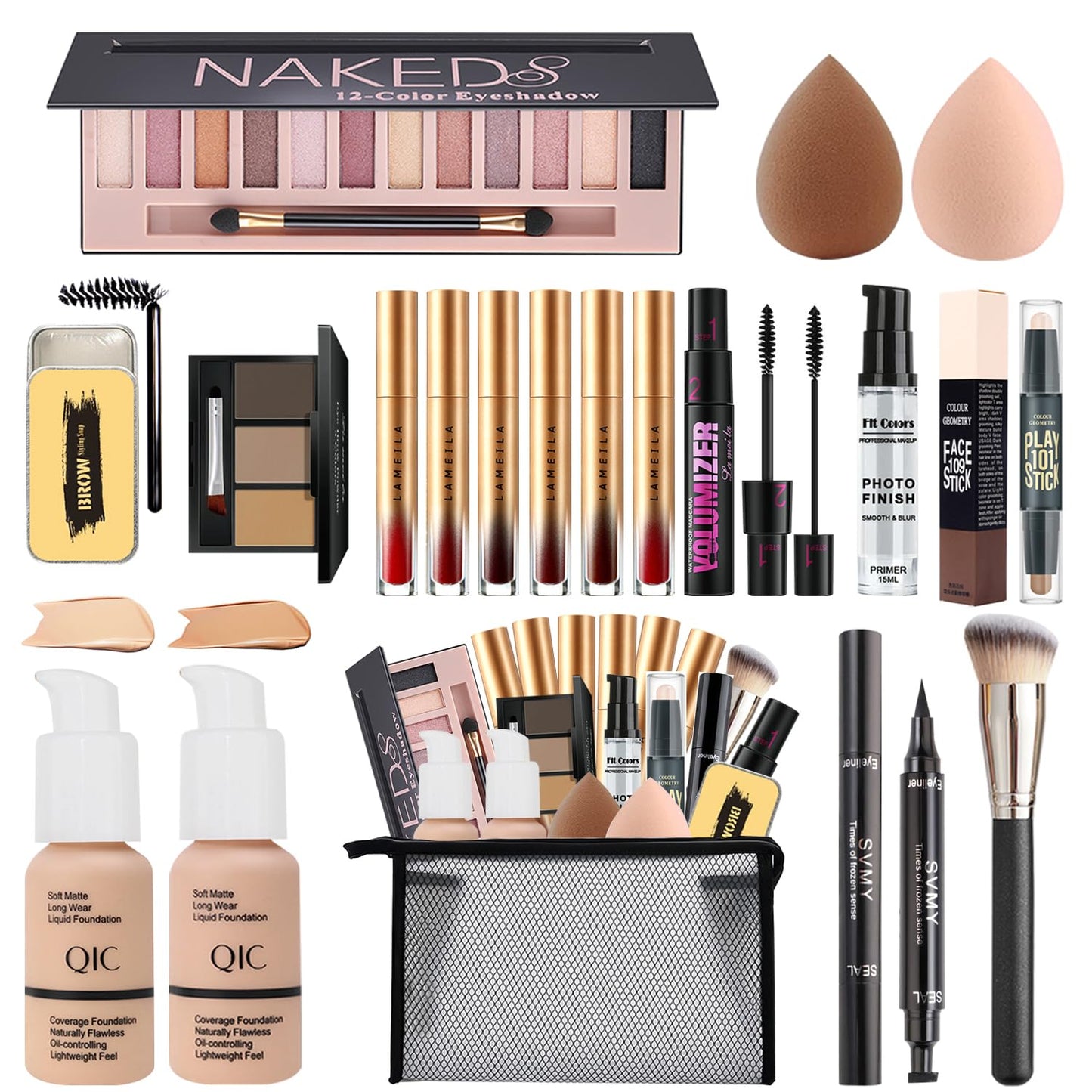 All in One Makeup Kit for Women,Includes Naked Eyeshadow,Liquid Foundation,Lipstick Set,Mascara,Makeup Brush,Makeup Sponge,Eyebrow Powder,Eyebrow Soap,Eyeliner Stamp,Primer,Contour Stick,Makeup Bag