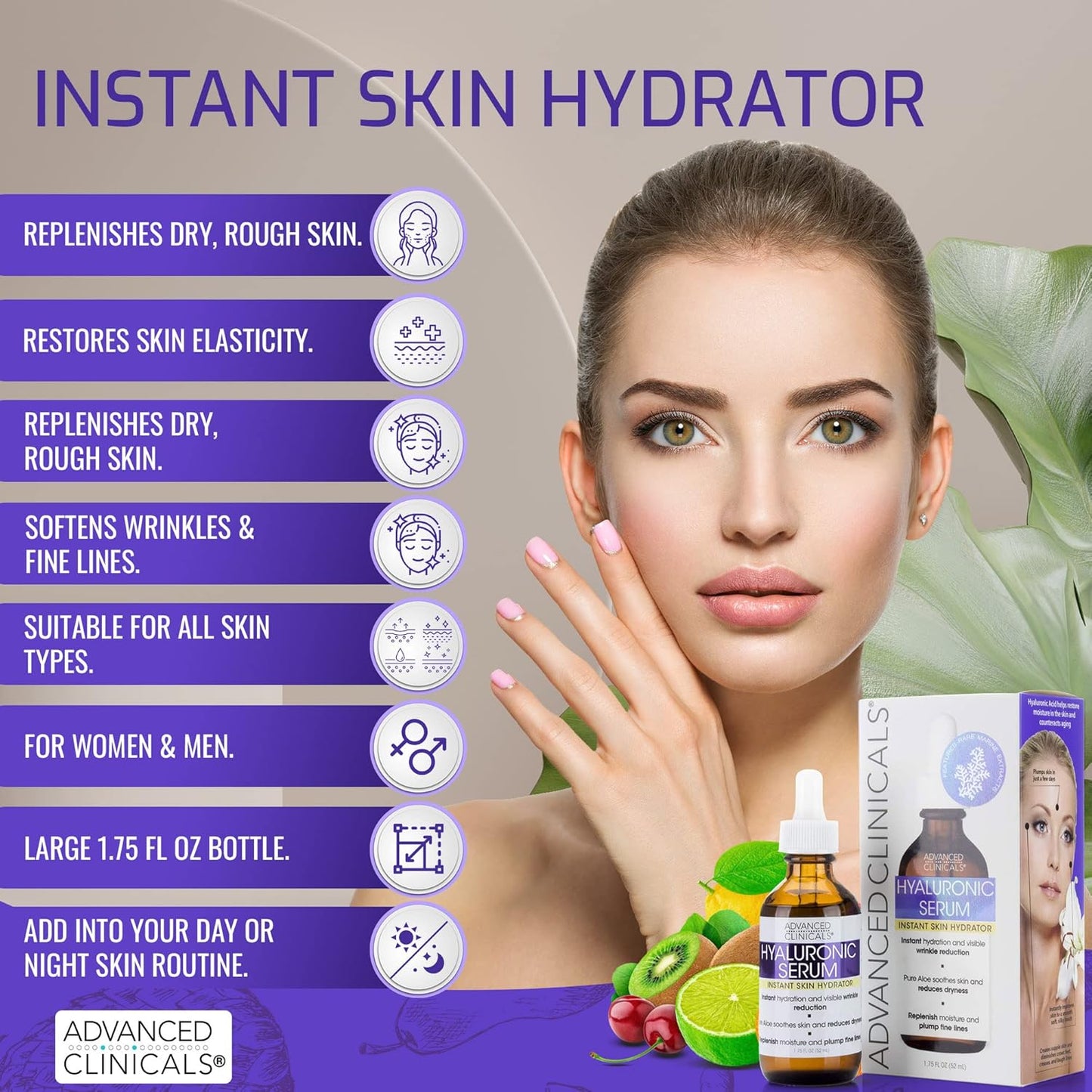 Advanced Clinicals Hyaluronic Acid Face Serum Skin Care Facial Moisturizer To Restore Skin, Anti Aging Face Serum For Wrinkles, Dark Spots, Fine Lines, & Dry Skin, 1.75 Fl Oz (Pack Of 2)
