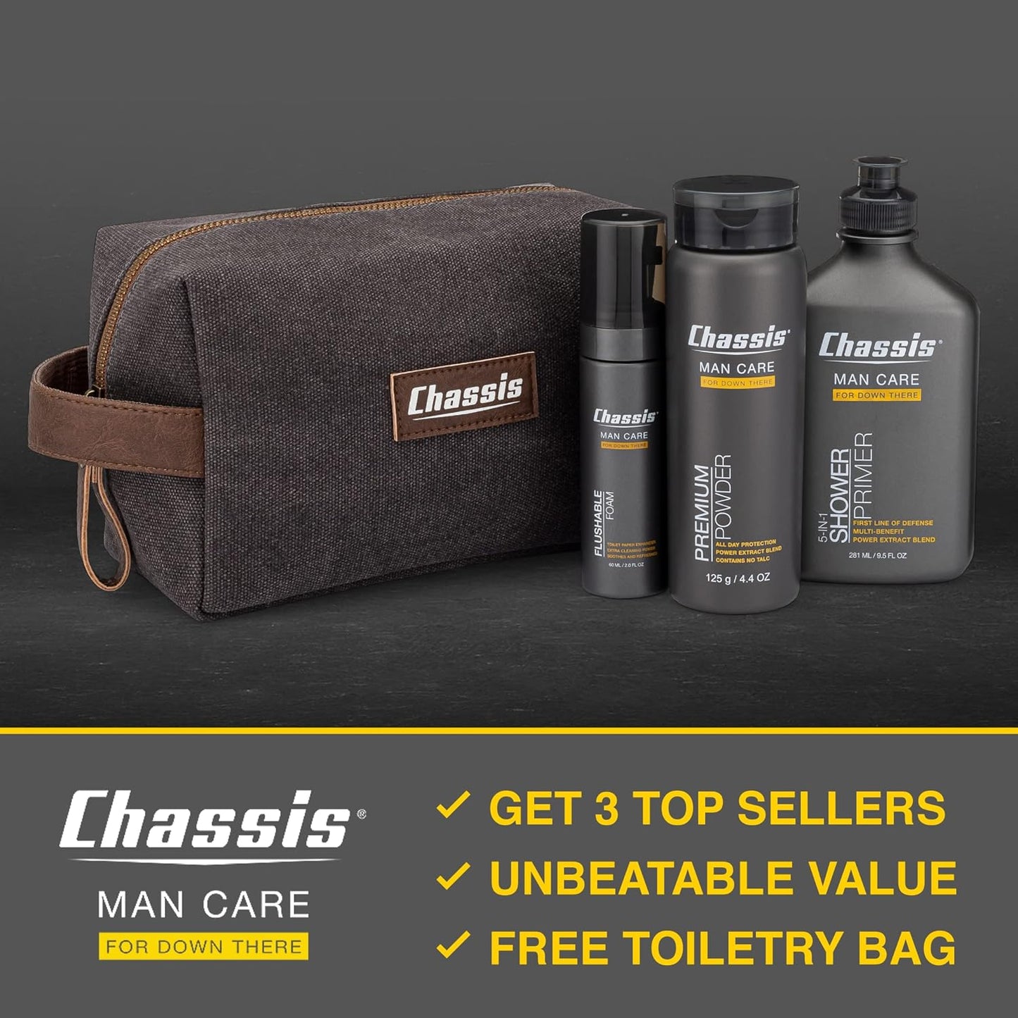 Chassis Gift Set with Flushable Foam, Premium Body Powder, and Shower Primer, Body Powder, Body Wash, and Flushable Wipe Alternative