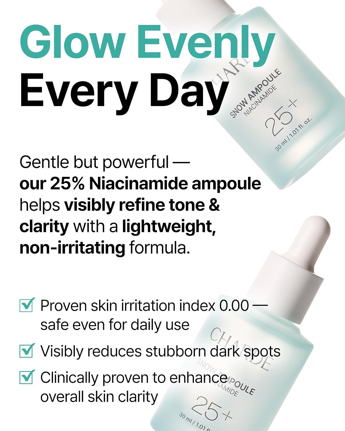 Charde Niacinamide 25% Snow Ampoule for Face, Dark Spot Care for Hyperpigmentation, Freckles & Sun Spots | Radiance Boosting with White Garcinia & Arbutin, Korean Skin Care, 1.01 fl. oz.