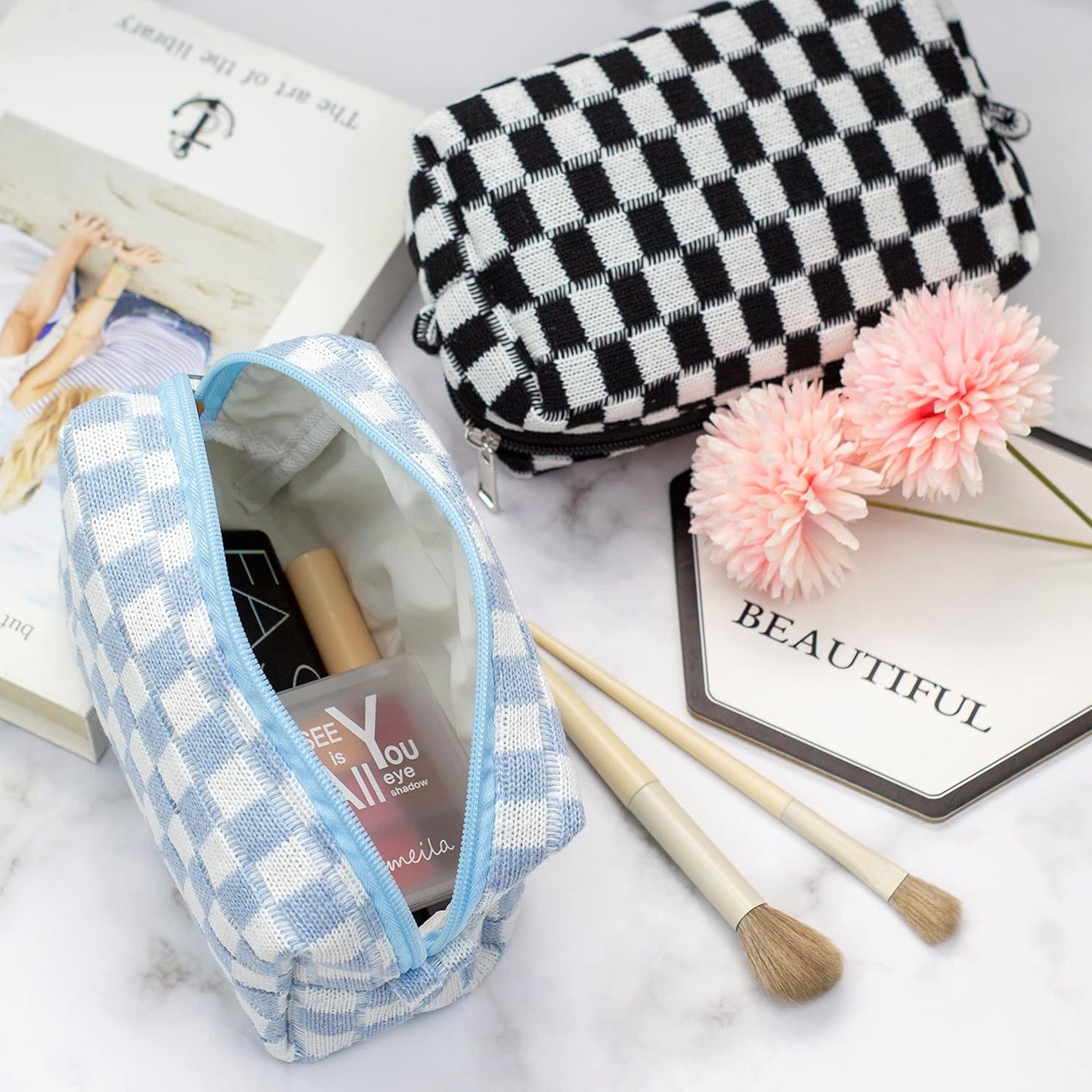 PAZIMIIK Checkered Makeup Bag for Purse Portable Zipper Make Up Pouch Small Cosmetic Case for Travel Accessories (2PCS Blue)