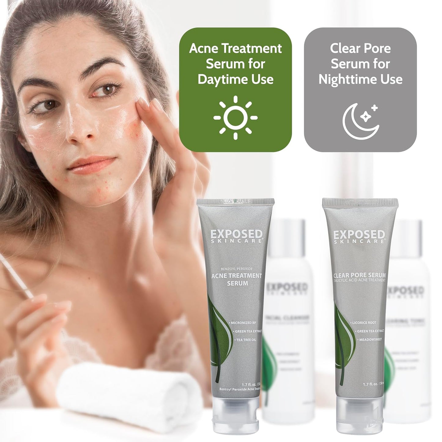 Exposed Skin Care Basic Acne Treatment Kit - Includes Salicylic Acid Face Wash, Clearing Tonic, Treatment Serum with Benzoyl Peroxide, Clear Pore Serum - Natural Acne Solution for All Skin Types