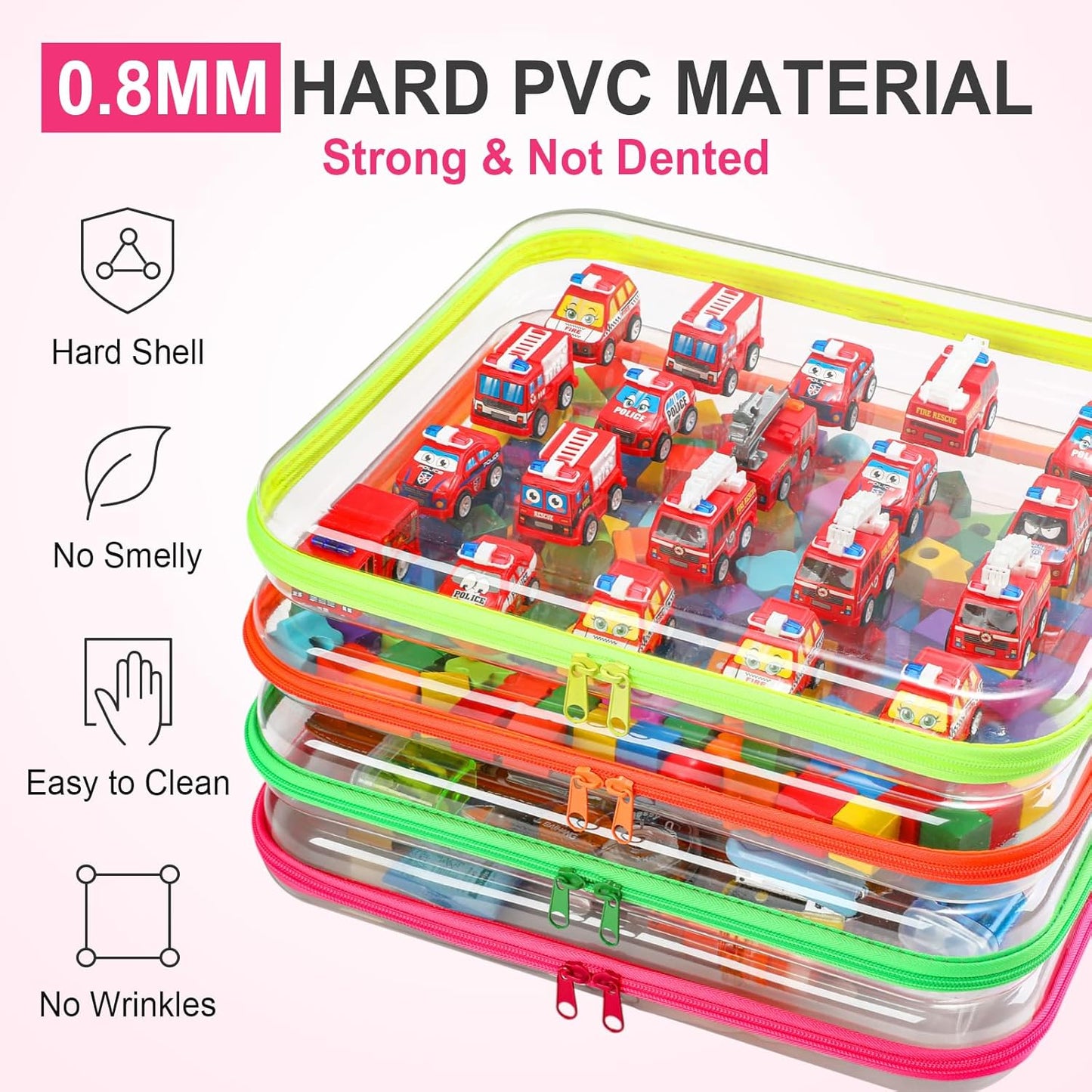 Hoolerry 4 Pcs Hard Clear Zipper Case Makeup Bags Plastic Pencil Pouch Transparent Storage Box Containers for Cosmetics, Snacks, Building Blocks, Puzzles(Fluorescent,13.8 x 11.8 x 2 in)