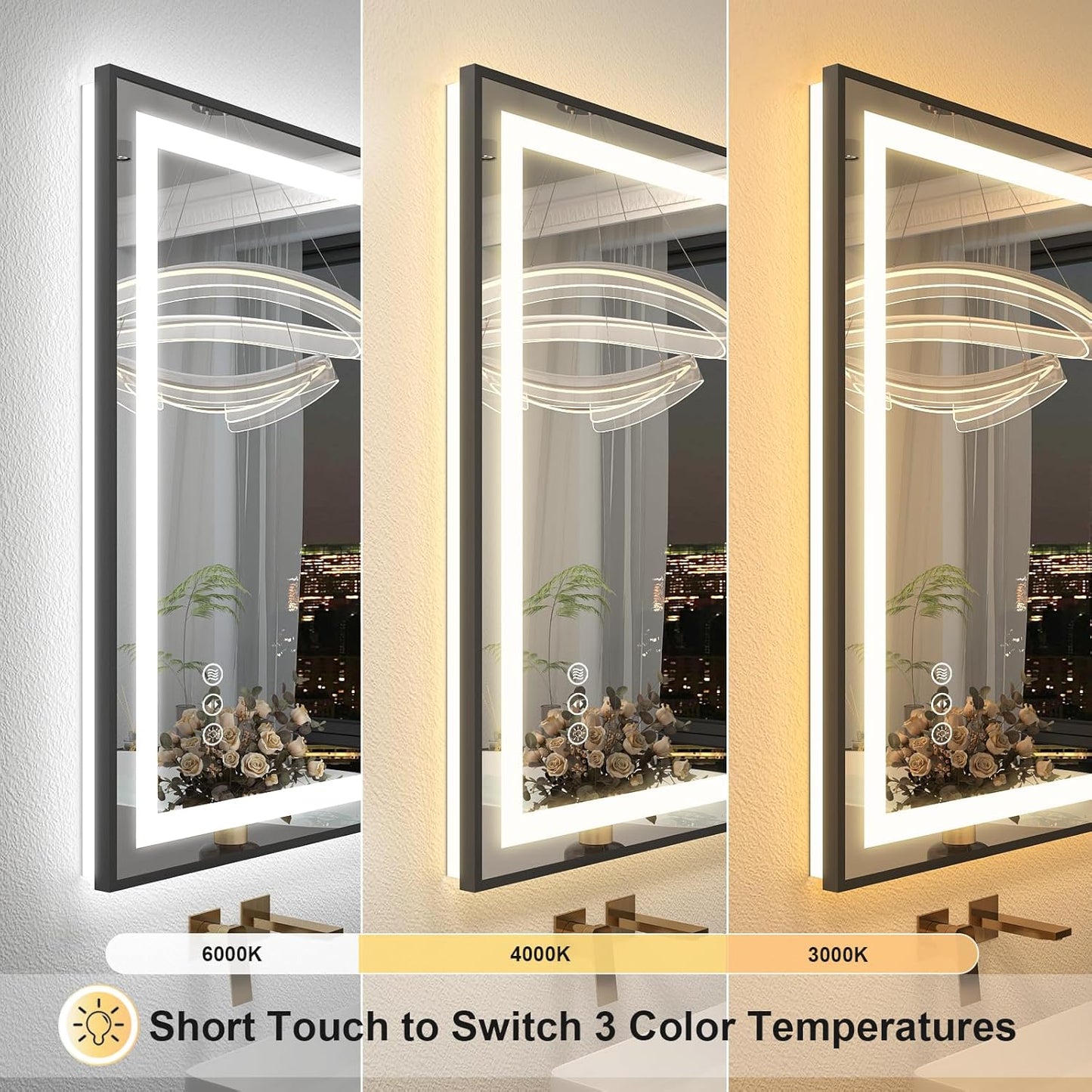 OKPAL 50x40 Black Lighted Mirrors for Bathroom Wall, Framed LED Bathroom Mirror, Defogger, Dimmable, Shatterproof, Memory, 3 Colors, ETL Listed (Front Light and Backlit)