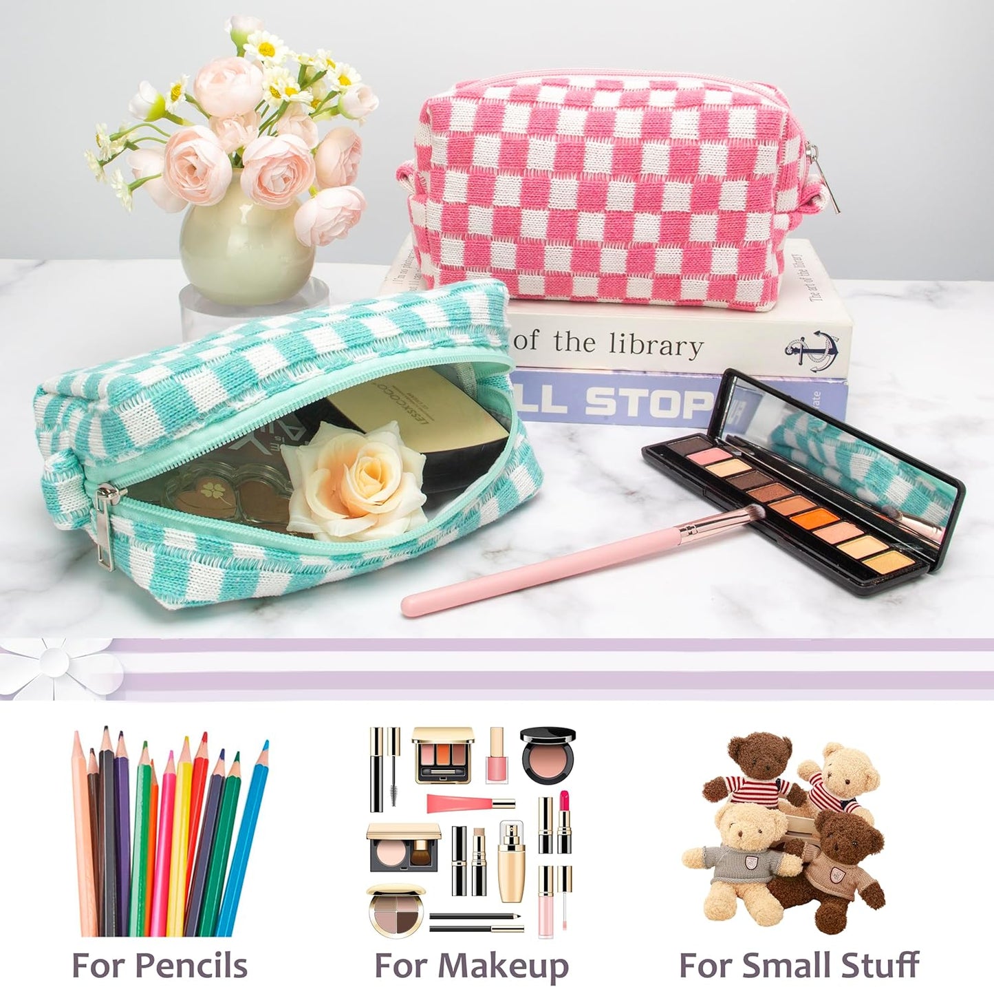 PAZIMIIK Checkered Makeup Bag for Purse Portable Zipper Make Up Pouch Small Cosmetic Case for Travel Accessories Arctic Blue