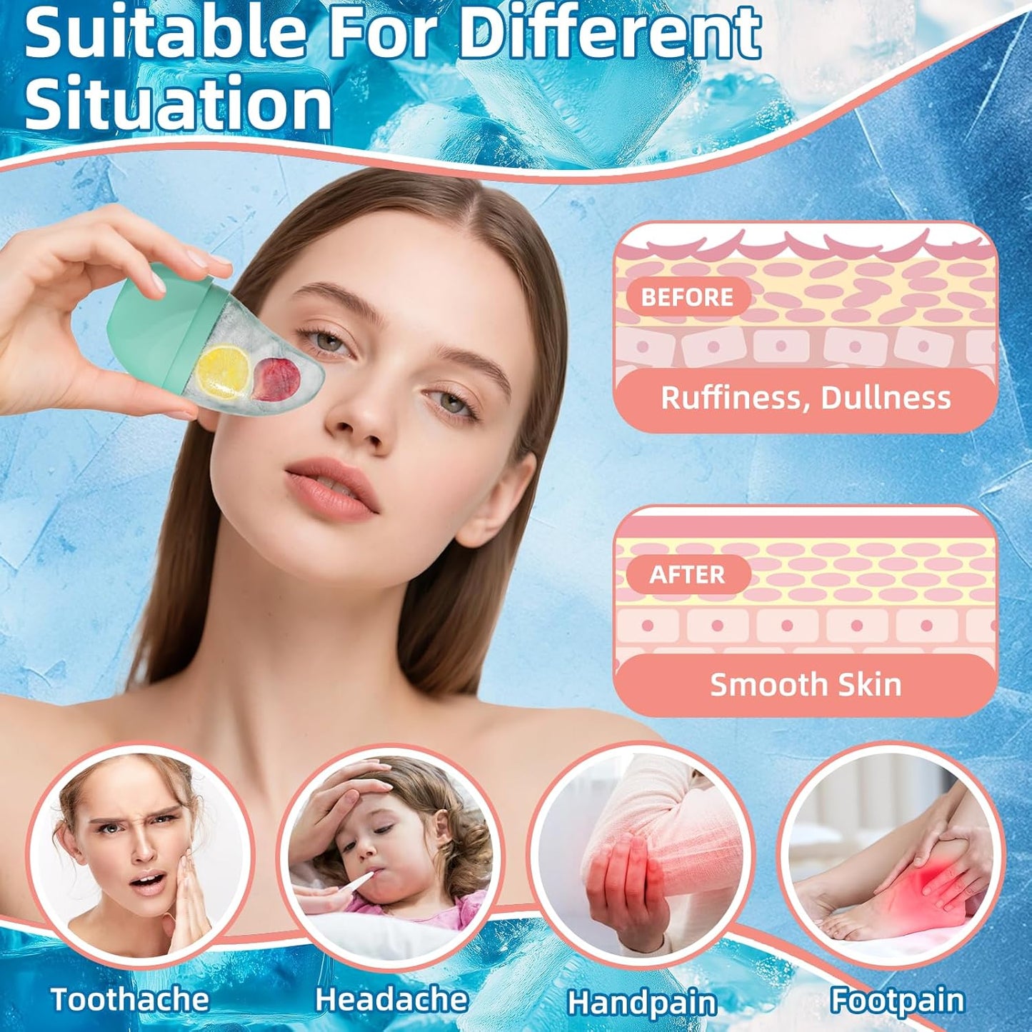 Silicone Facial Ice Cube Roller Massager, Facial Beauty Care Tool, Reusable Face Ice Mold - Brighten Skin, Reduce Puffiness for Face & Eyes (Purple)