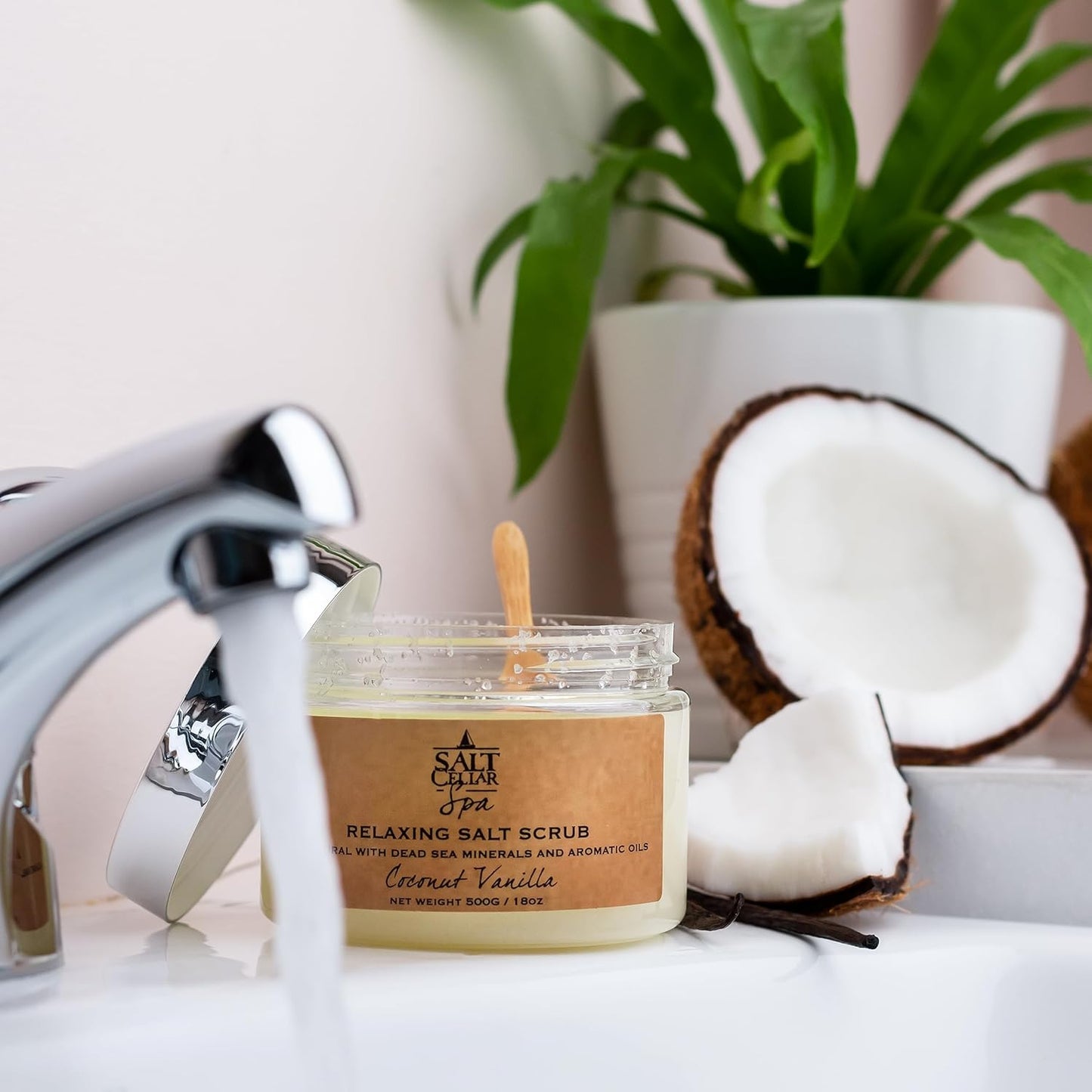 Salt Cellar Spa All-Natural Dead Sea Salt Scrub - Refresh with Coconut Vanilla - Energize, Revive, and Rejuvenate your Skin - Made in Israel, Cruelty-Free, 18 oz.