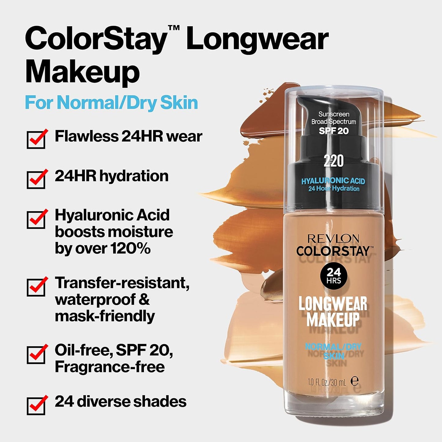 Revlon Liquid Foundation, ColorStay Face Makeup for Normal and Dry Skin, Longwear Full Coverage with Matte Finish, Oil Free, 320 True Beige, 1.0 Oz