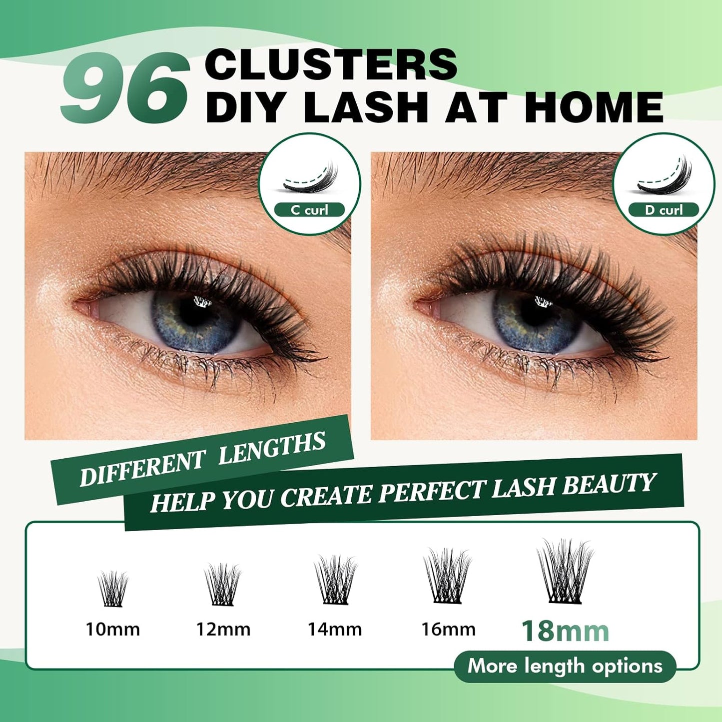 Lash Clusters 96pcs Individual Lashes Y08 D Curl 10mm Cluster Lashes KEYYOU Volume Wispy Lash Extension Soft&Comfortable Easy DIY at Home(Y08 D-10mm)