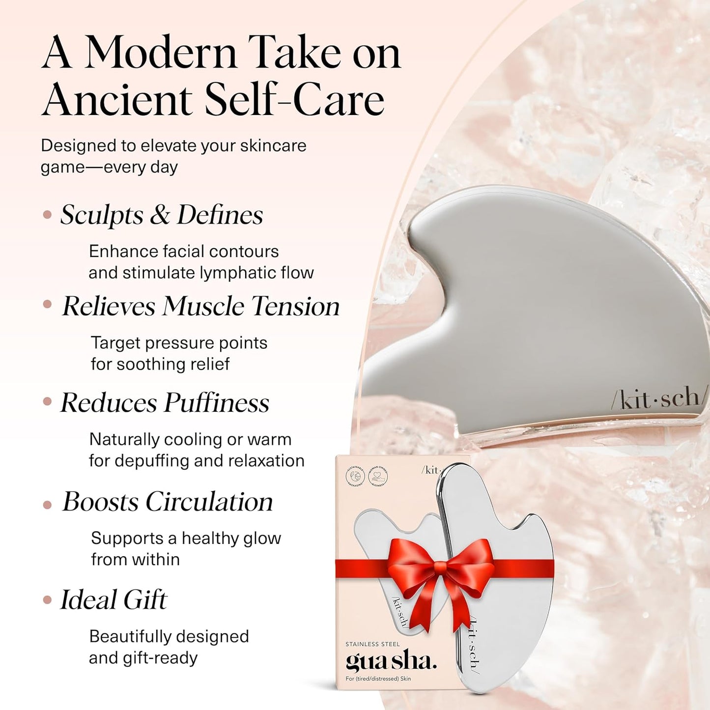 Kitsch Stainless Steel Gua Sha Facial Tools - Guasha Tool for Face, Face Sculpting Tool, Jawline Shaper, Double Chin Reducer, Body Gua Sha Tools, Lymphatic Drainage Massager, Facial Skin Care - Silver