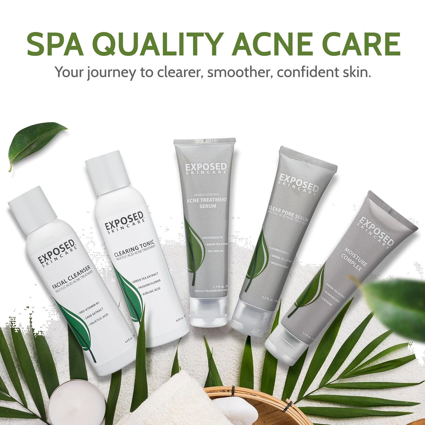 Exposed Skin Care Expanded Acne Treatment Kit - Includes Salicylic Acid Face Wash, Clearing Tonic, Treatment Serum with Benzoyl Peroxide, Clear Pore Serum, Moisture Complex - Made for All Skin Types