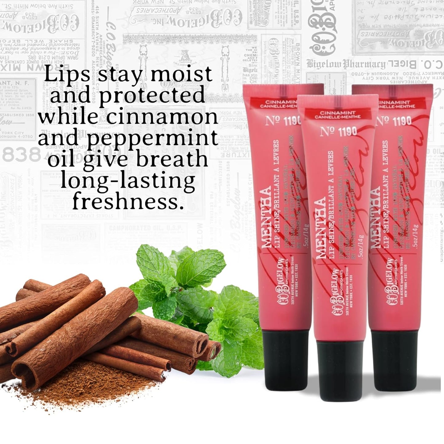 C.O. Bigelow Cinnamint Mentha Lip Shine Balm Tubes, Pack of 3 Bulk Lip Gloss with Cinnamon & Peppermint Oil, High Gloss Shine Finish, 0.5 oz