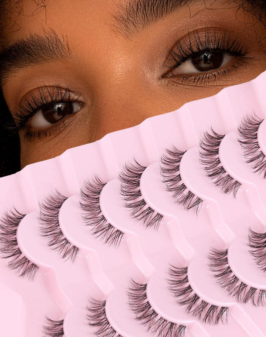 Wispy lashes natural look false eyelashes C curl fake lashes 3d Fluffy eye lashes clear band lashes Pack 7 Pairs