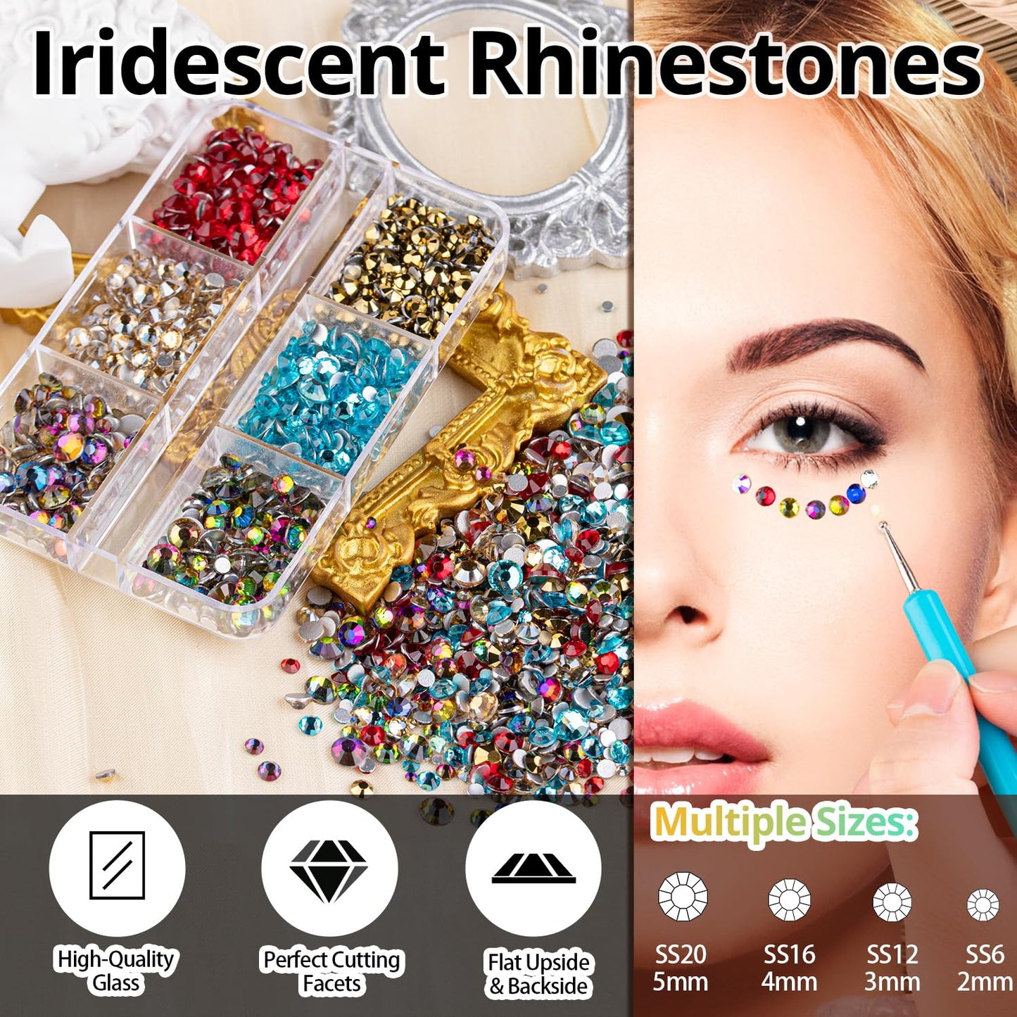Colorful Face Gems for Makeup Set, Flatback Gorgeous AB Glass Gem, Mixed-Colored Crystals with Makeup Glue+Picker Pencil+Tweezer+Dual-End Dotting Tool for Eye Body Hair Make-up and Nail Art Deco