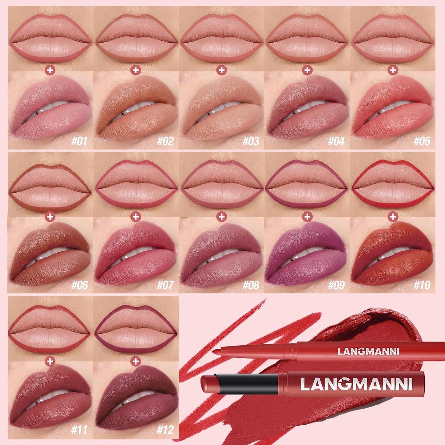 Jolilab 6Pcs Lip Set: 3 Colors Lip Liner+3 Colors Lipstick, Matte/Creamy, Long-Lasting, Bold/Nude Shades for Daily/Party, Vegan, Gift for Makeup Lovers.(#02+04+07)