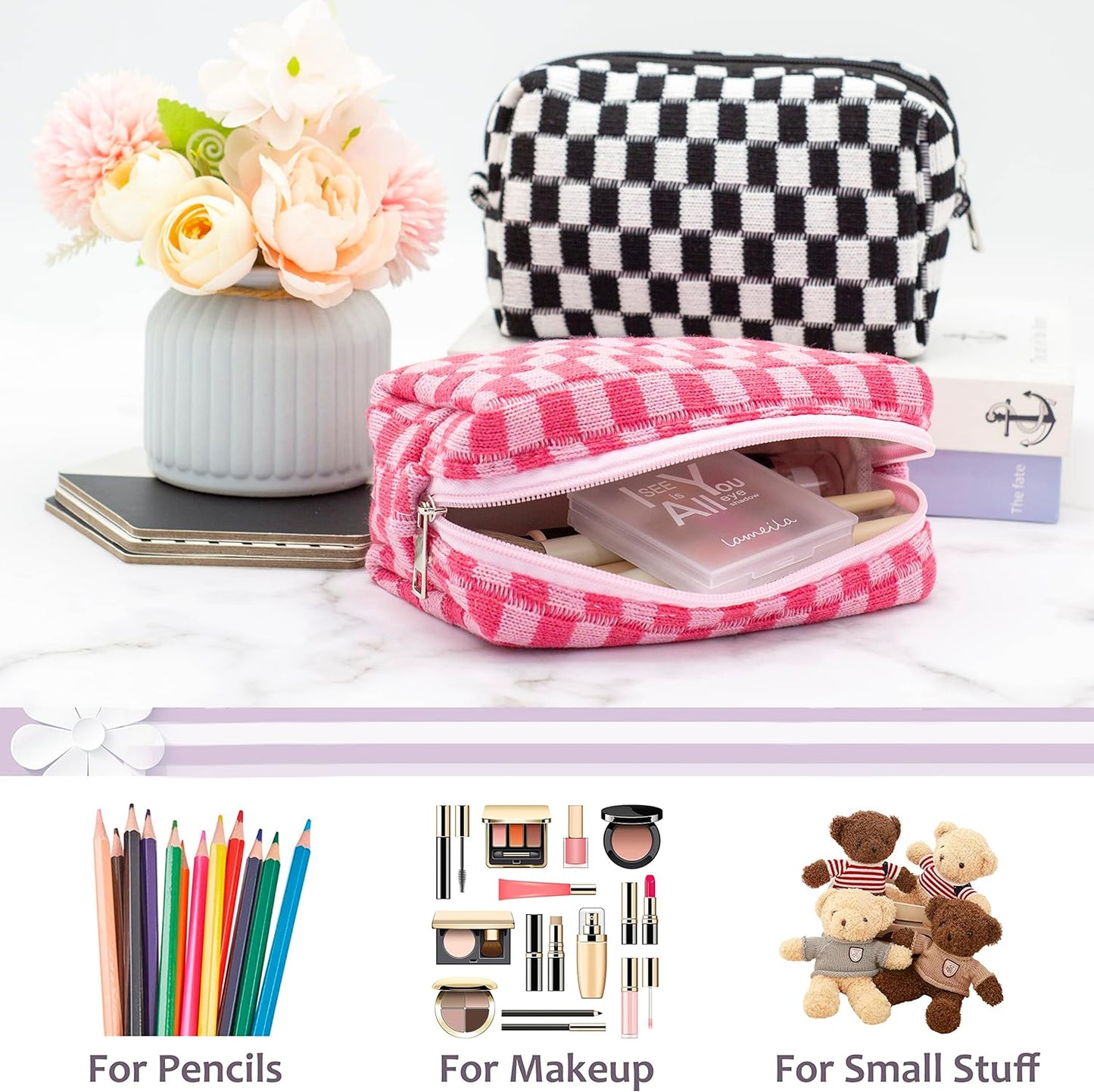 PAZIMIIK Checkered Makeup Bag for Purse Portable Zipper Make Up Pouch Small Cosmetic Case for Travel Accessories (2PCS Hotpink Light Green)