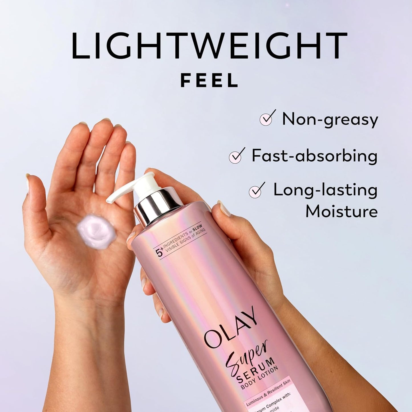 Olay Super Serum Hand & Body Lotion for Dry Skin, 24hr Long Lasting Hydration, 5+ Ingredient Serum Complex for Bright Even Firm Luminous Skin, Sweet Vanilla & Soft Wood Scent, 18.5 fl oz