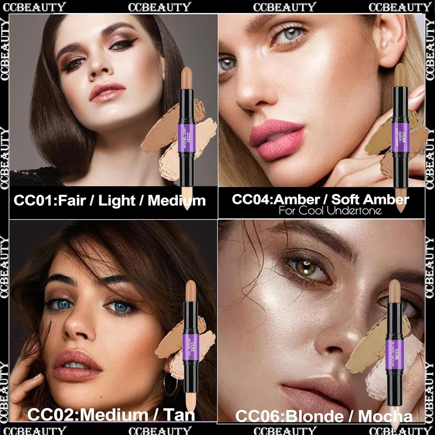 CCbeauty 2pcs 2-IN-1 Matte Contour Highlighter Stick with Blush,Cream Dual-End Highlight Bronzer Concealer & Blusher for Cheeks & Lip, Long Lasting Contouring for Face Shaping Makeup, Light-Medium