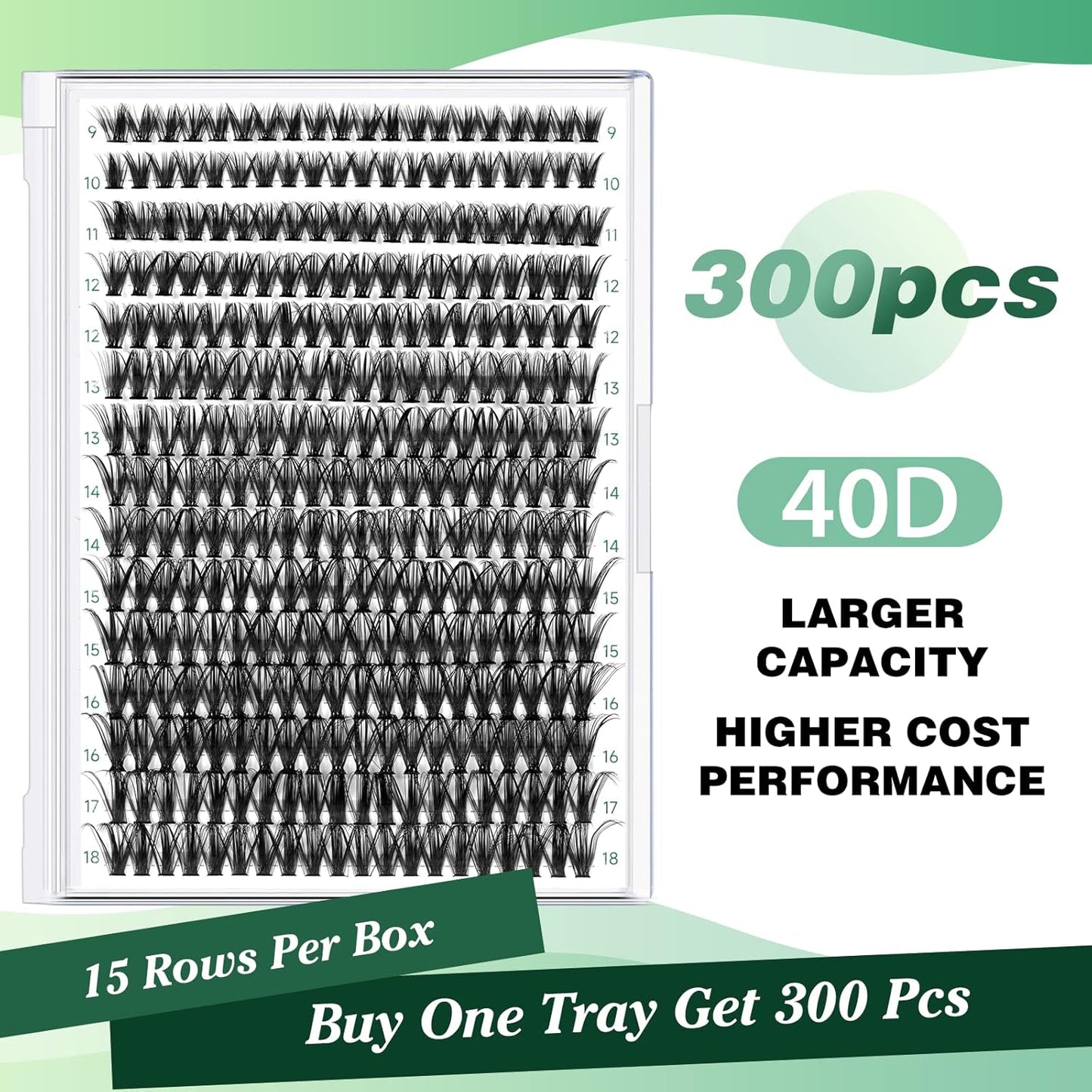 KEYYOU Lash Clusters 300pcs Individual Lashes 40D 0.07D Curl 9-18MIX DIY Eyelash Extension Large Tray Volume Soft&Natural Cluster Lashes(40D-0.07D,9-18MIX