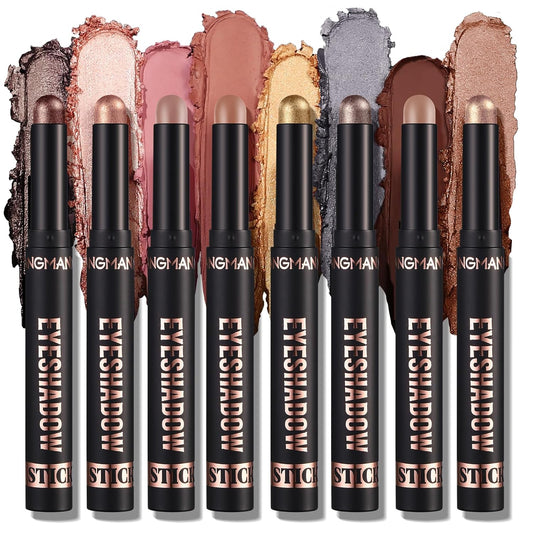 LANGMANNI 8 PCS Soft Smooth Cream Eyeshadow Stick Gift Set,Matte Earth Color+Bright Metal Color Contour Stick,Waterproof & Long-Lasting Eyeshadow (#B)