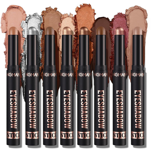 LANGMANNI 8 PCS Soft Smooth Cream Eyeshadow Stick Gift Set,Matte Earth Color+Bright Metal Color Contour Stick,Waterproof & Long-Lasting Eyeshadow (#A)