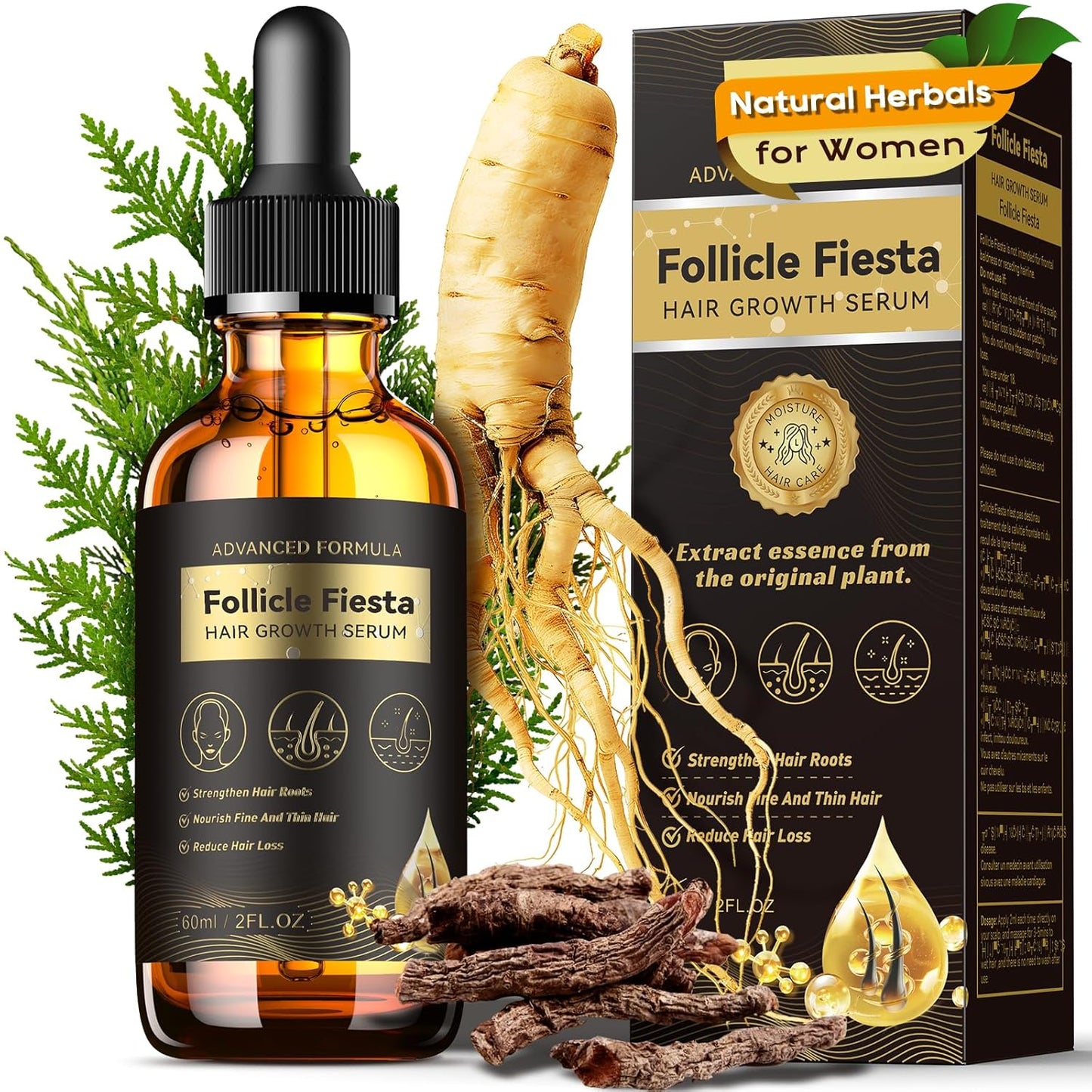 Hair Growth Serum Oil for Women, 100% Veganic Natural Herbal Extracts, Root Revive Visibly Thickening Fuller Hair, Scalp Follicle Stimulator Serum for Hair Loss/Shedding,Thin, Dry & Damaged Treatment