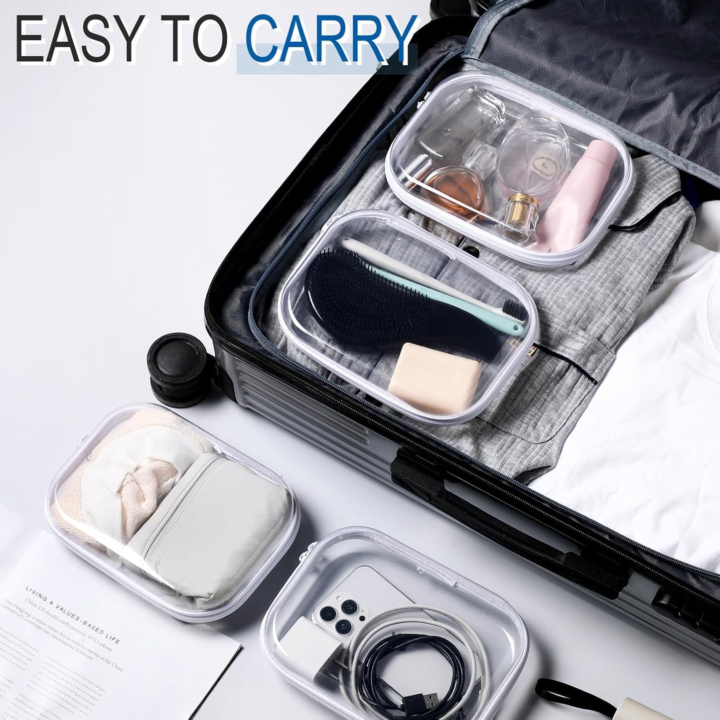 Sanwuta 6 Pcs Clear Hard Zipper Case Pencil Pouches Hard Plastic Zipper Pouches Makeup Bag Transparent Cases for Snacks Plastic Storage Organizer Box for Travel
