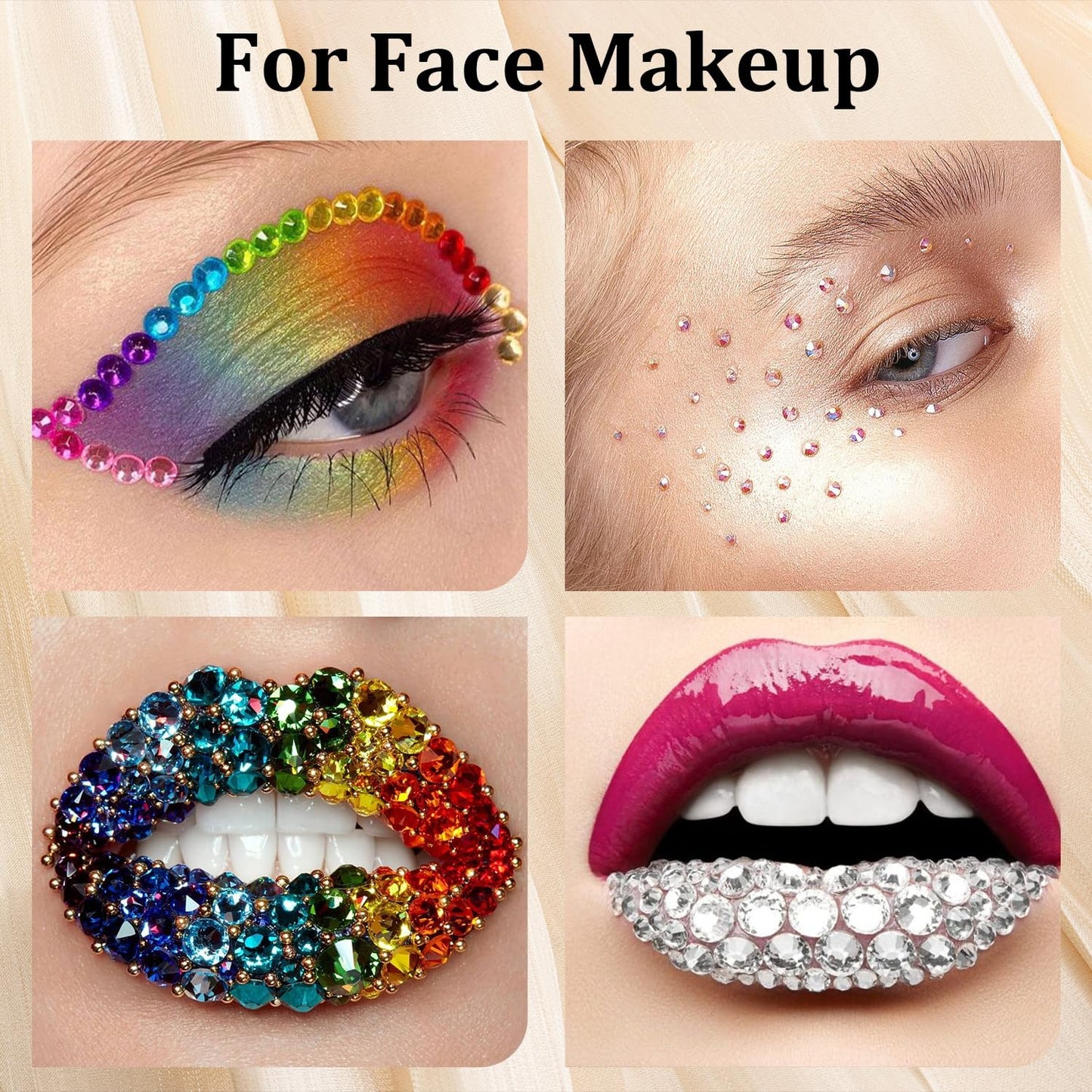 Colorful Face Gems for Makeup Set, Flatback Gorgeous Glass Clear Gems+Mixed-Colored Crystals with Picker Pencil, Makeup Glue, Dual-End Dotting Tool, Tweezer for Eye Body Hair Make-up and Nail Art Deco