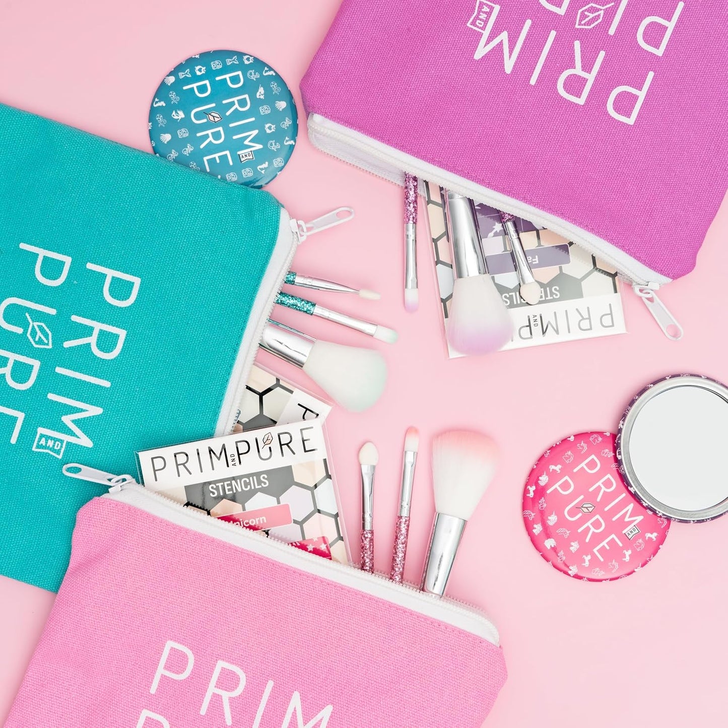 Prim and Pure Kids Makeup Gift Set - Stencil, Makeup Eyeshadow Bioglitter Lip Gloss and Cosmetic Bag Mirror Makeup Brush Accessories (Mermaid Blue)