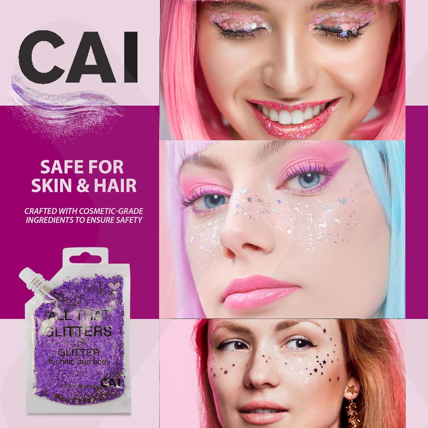 Face, Body & Hair Glitter Gel – Halloween Glitter for Kids and Women – 3 Oz Cosmetic-Grade Gel w/Moon & Stars for Festivals & Halloween Party, Easy Apply & Wash Off - Unicorn 6Pack