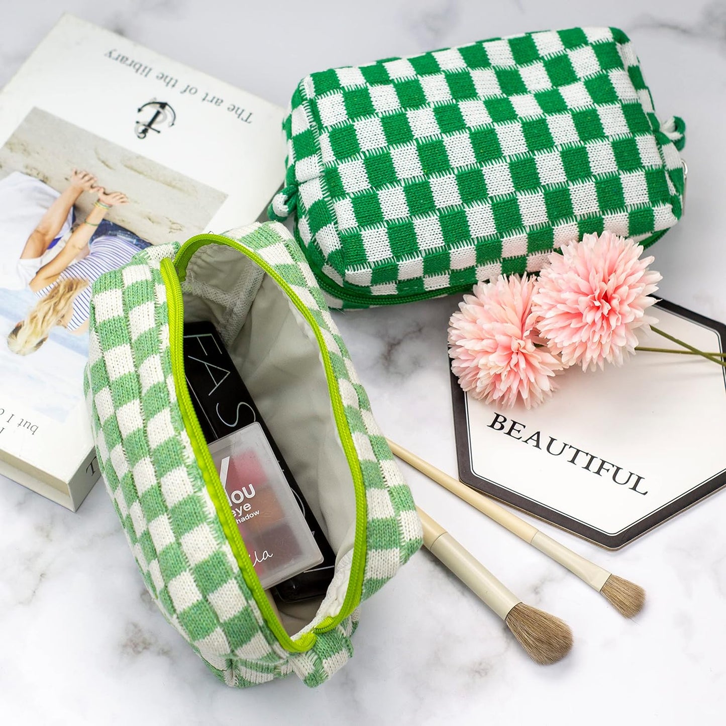 PAZIMIIK Checkered Makeup Bag for Purse Portable Zipper Make Up Pouch Small Cosmetic Case for Travel Accessories (2PCS Blue Light Green)
