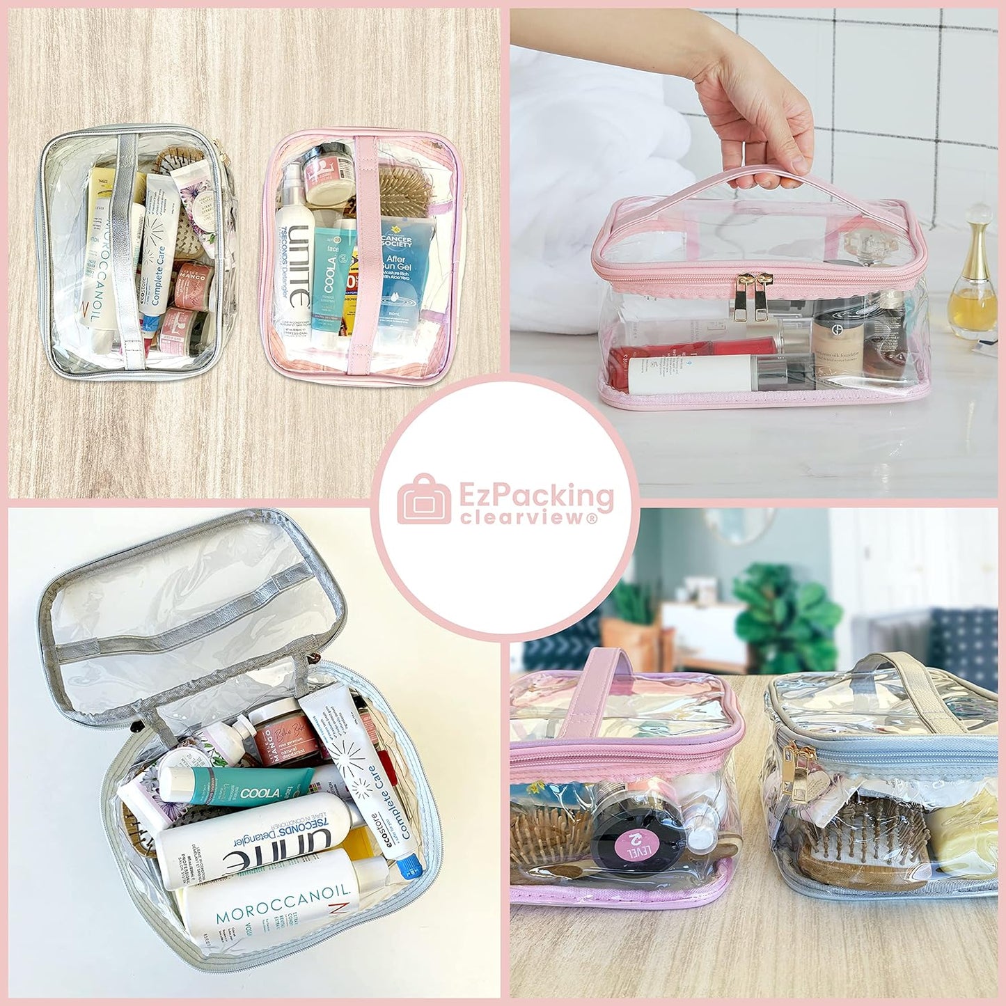 Large Cosmetic Bag for Women / Clear, See-Through Makeup, Hair & Nail Accessories Pouch for Travel or Home / Transparent PVC Plastic Organizer, Spacious Interior, Handle & Double Zippers (Silver)