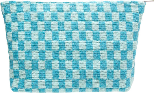 PAZIMIIK Knitted Checkered Makeup Bag Large Zipper Make Up Accessory Pouch for Purse Cosmetic Brush Bag for Travel Essential Lake Blue