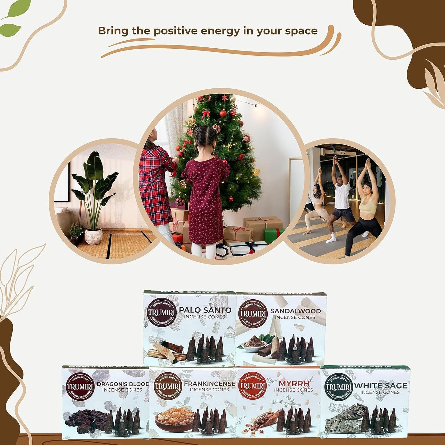 Trumiri Woody Incense Cones - Variety Pack - Total 60 Cone Incense (6 Scents x 10 Conos) - White Sage, Palo Santo, Dragons Blood, Sandalwood - Inscents-Cones Scented - Insense Cones - Incent Cone
