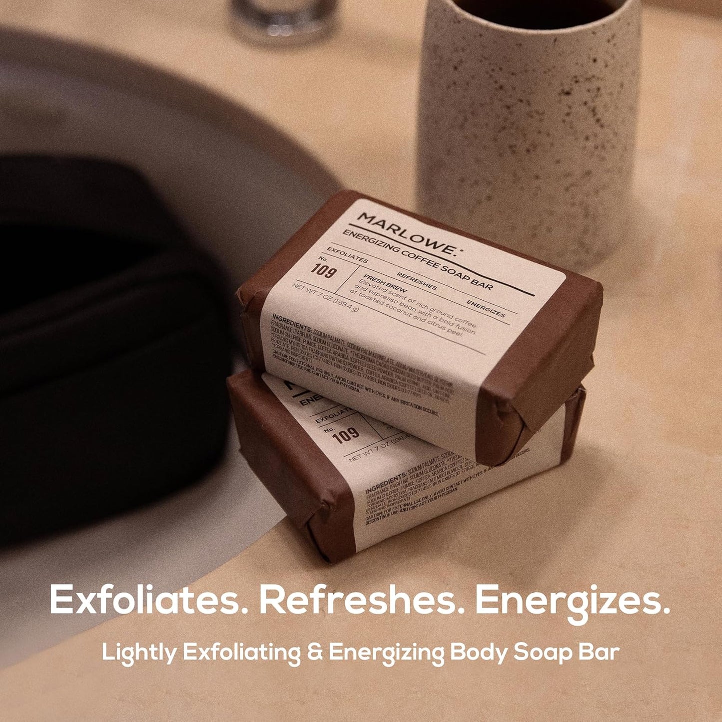 MARLOWE. No. 109 Coffee Bar Soap 7 oz (6 Bars) – Exfoliating Body Scrub for Men with Natural Extracts, Caffeine, Coffee Bean & Cocoa Butter – Energizing Fresh Brewed Scent