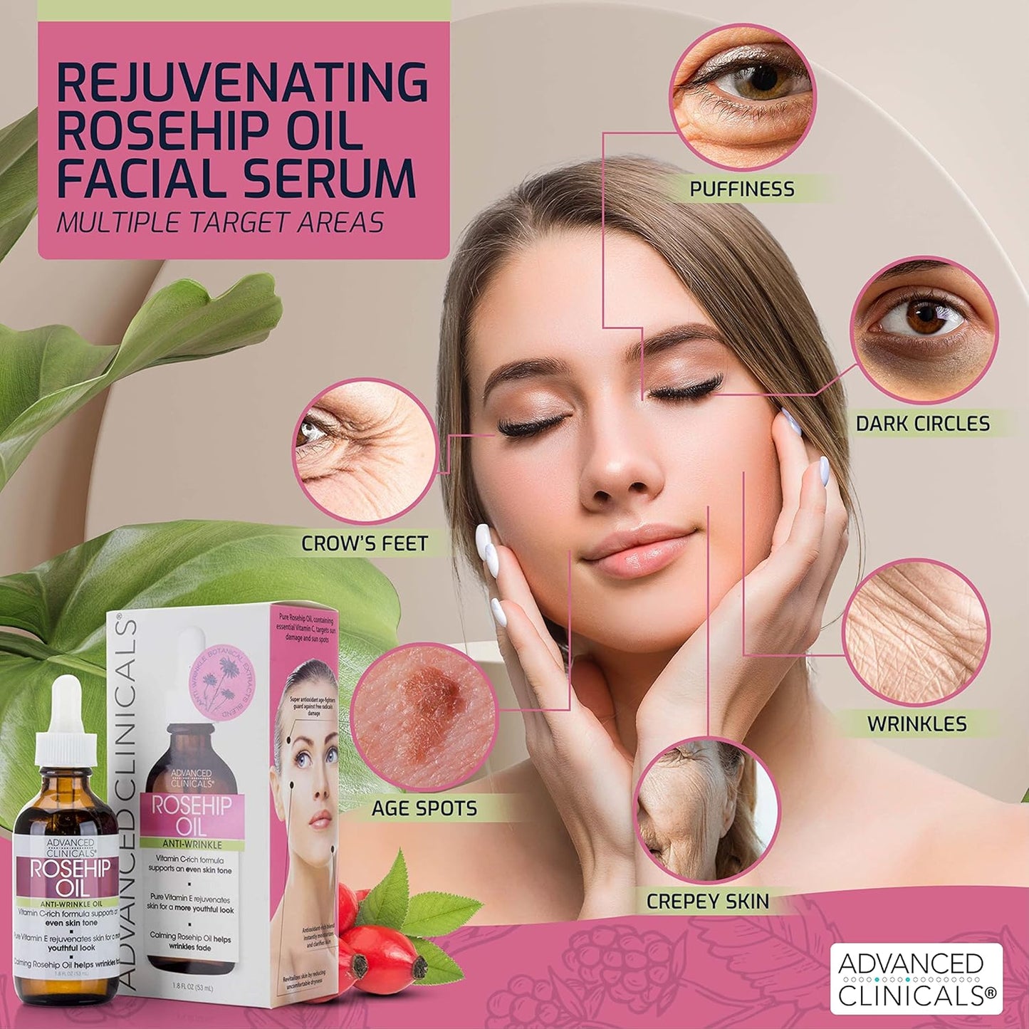 Advanced Clinicals Rosehip Oil For Face | Anti Wrinkle Facial Skin Care Serum | Vitamin C Serum Moisturizer Face Oil W/Vitamin E For Fine Lines, Dark Spots, Uneven Skin Tone, & Sun Damage, 1.8 Fl Oz